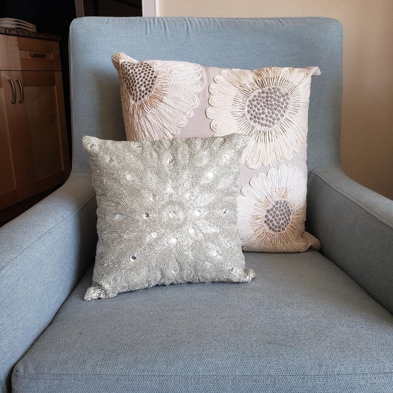 Light & Pro Lightnpro Handwoven Silver Pillow Cover - 12x12 Inch, Handmade Luxury Soft Peacock Design Decorative Cushion Case for Couch, Sofa, and Bed - Artisan-Made - Cover Only (1 Pack) - Image 5